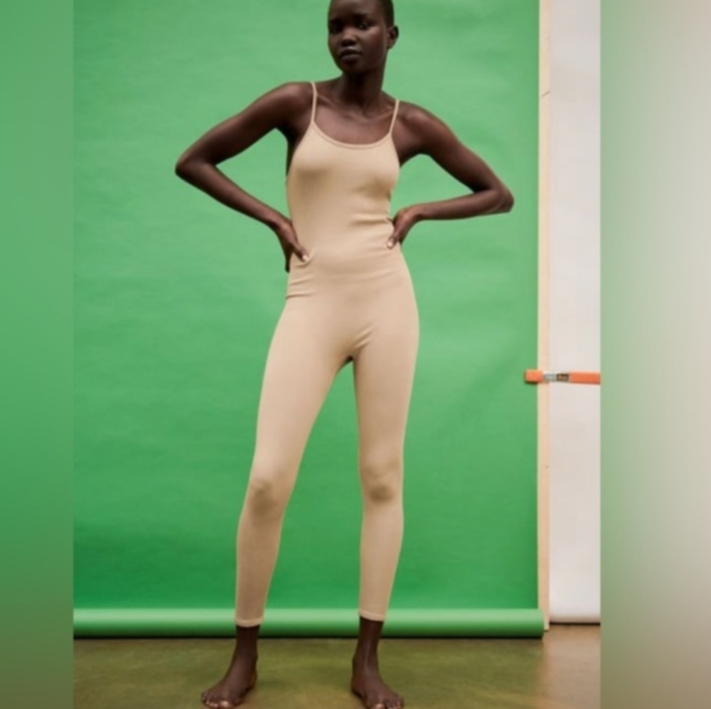 Zara ribbed Seamless Long Jumpsuit beige tan medium large